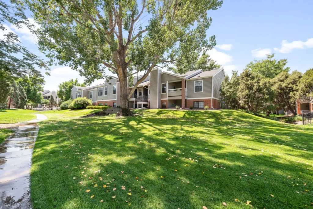Landscaped walkway between buildings